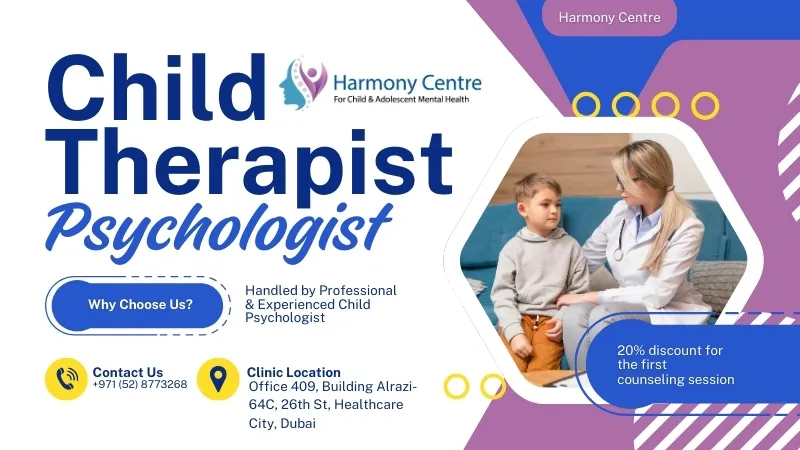 A child psychologist in Dubai engaging in a therapy session with a young child in a warm and supportive environment.
