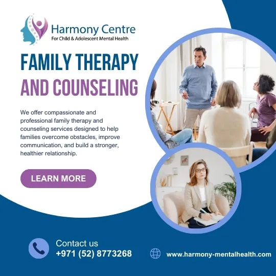 A compassionate family therapy session in Dubai, featuring a therapist guiding parents and children through effective communication exercises.